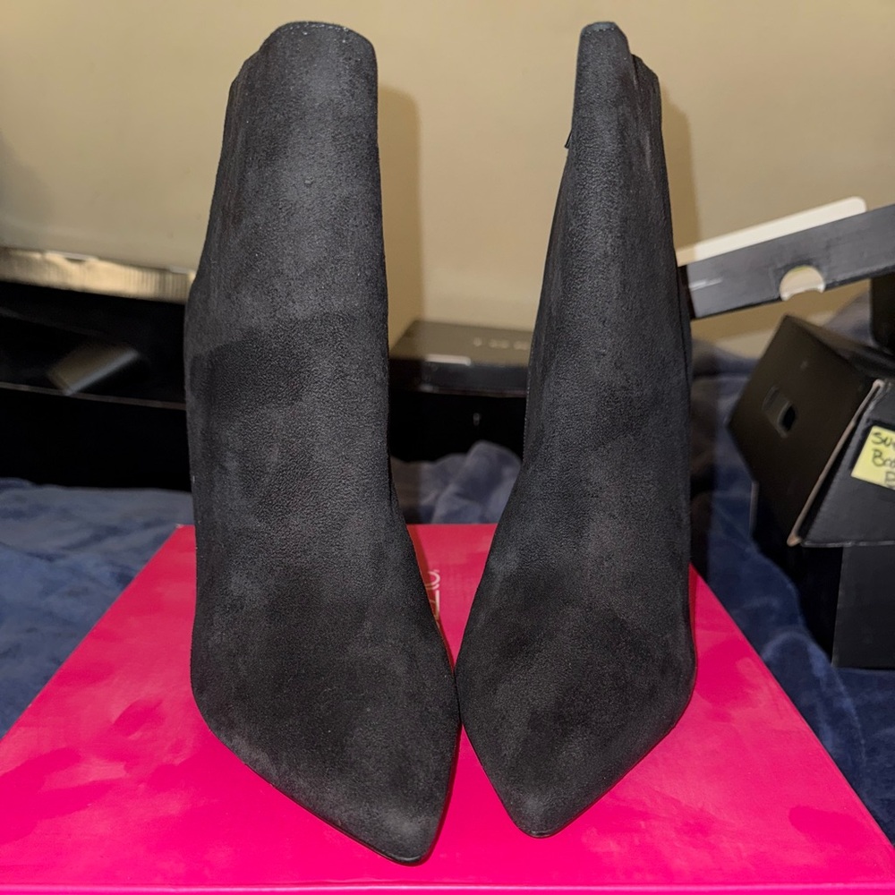 Black, suede, boots/heels, with gold embellishment.